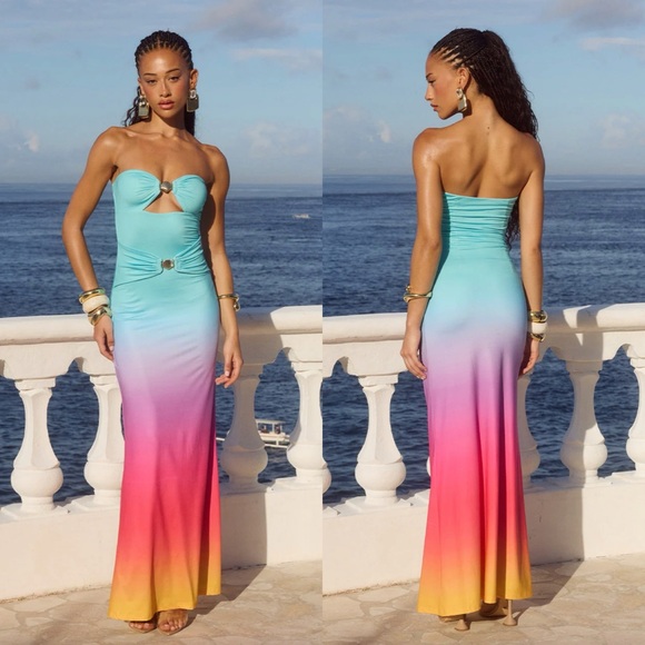 Runaway The Label Dresses & Skirts - NWT Strapless Ombre Maxi Dress in Aqua, Pink & Yellow — Ring-Detail